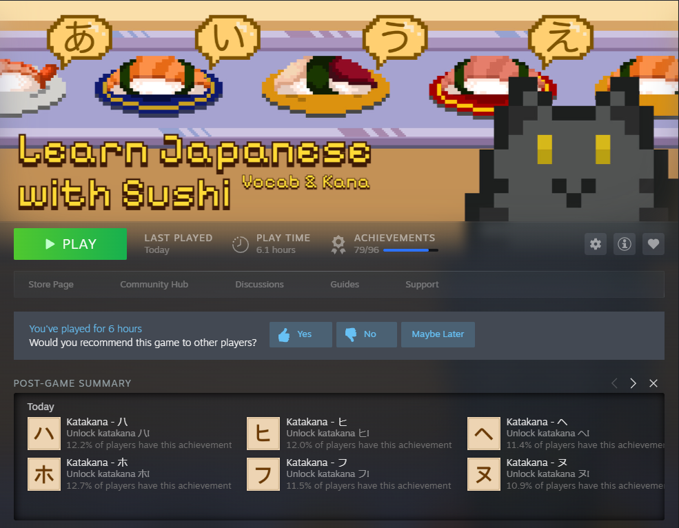 The Steam Page for 'Learn Japanese Kana & Vocab with Sushi'