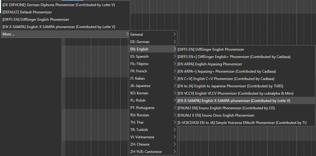 The Phonemizer settings selecting the 'EN X-SAMPA' Phonemizer