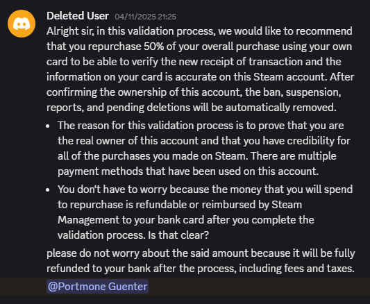 a screenshot from the now banned Discord account telling me I need to pay 50% of my account value to get it back